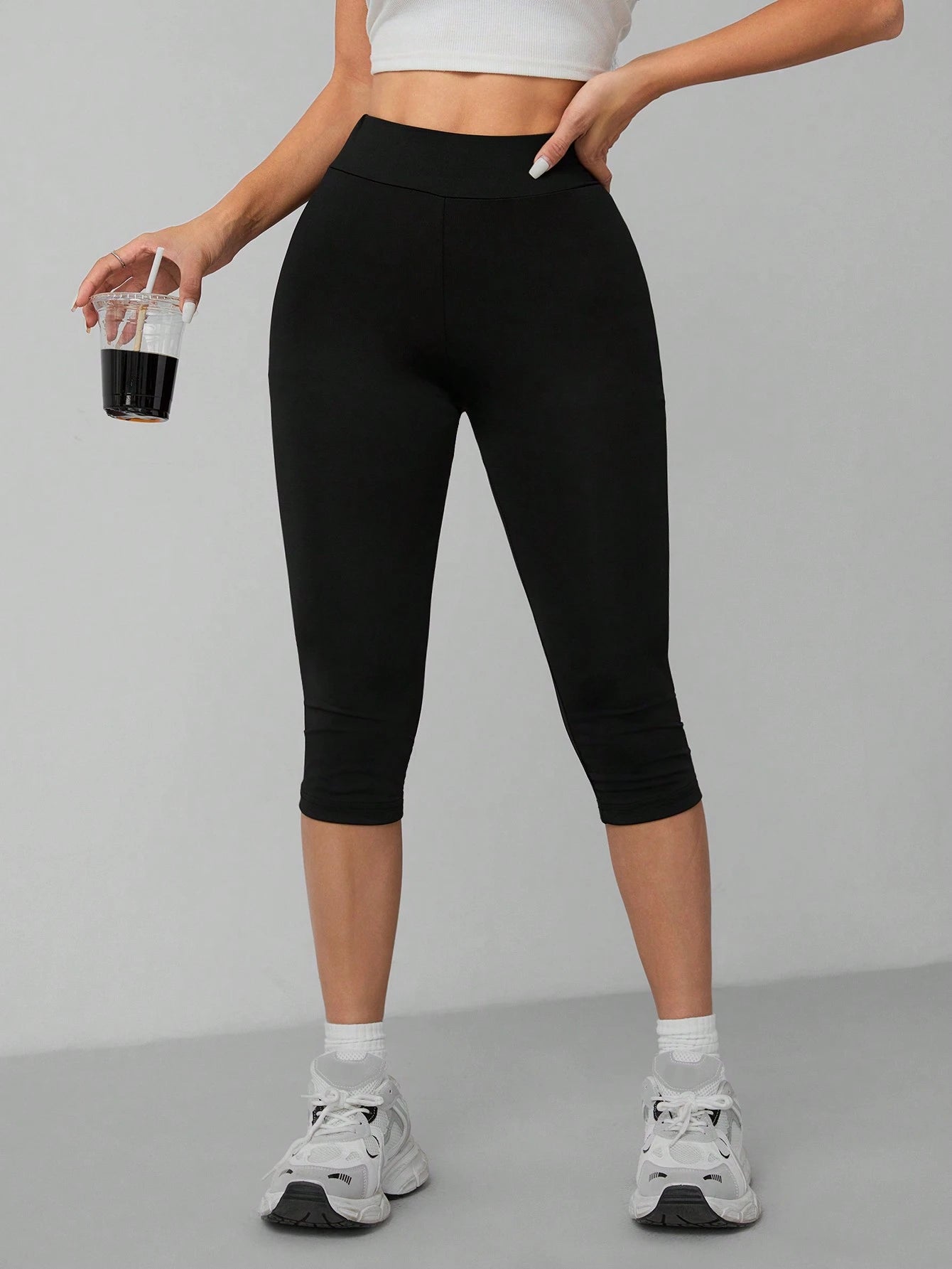 PETITE Casual Black High Waist 3/4 Length Skinny Leggings For Women, Suitable For Summer Suitable For Going Out Fall Clothes Women's Sportswear,Petite Women