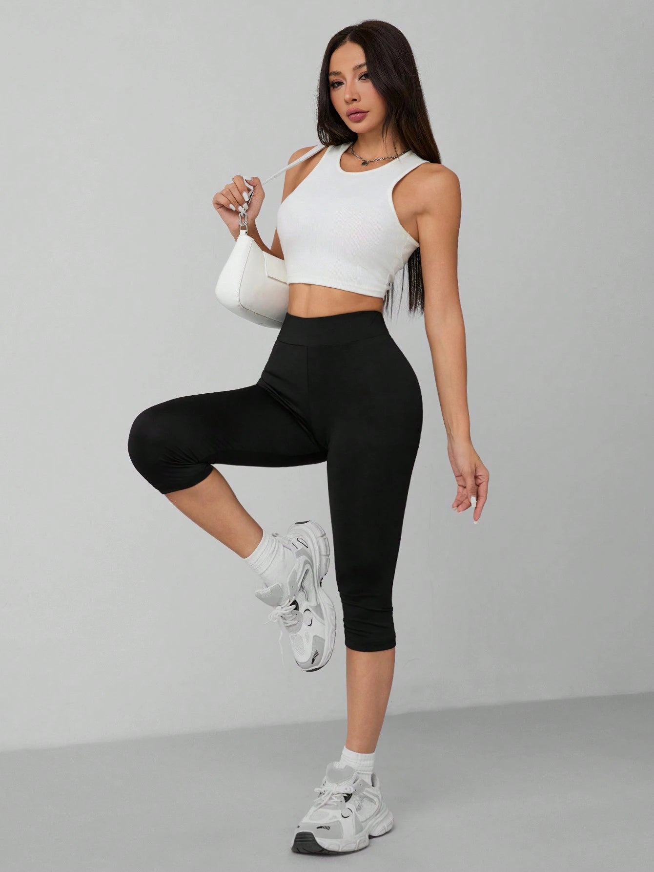 PETITE Casual Black High Waist 3/4 Length Skinny Leggings For Women, Suitable For Summer Suitable For Going Out Fall Clothes Women's Sportswear,Petite Women