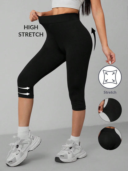PETITE Casual Black High Waist 3/4 Length Skinny Leggings For Women, Suitable For Summer Suitable For Going Out Fall Clothes Women's Sportswear,Petite Women
