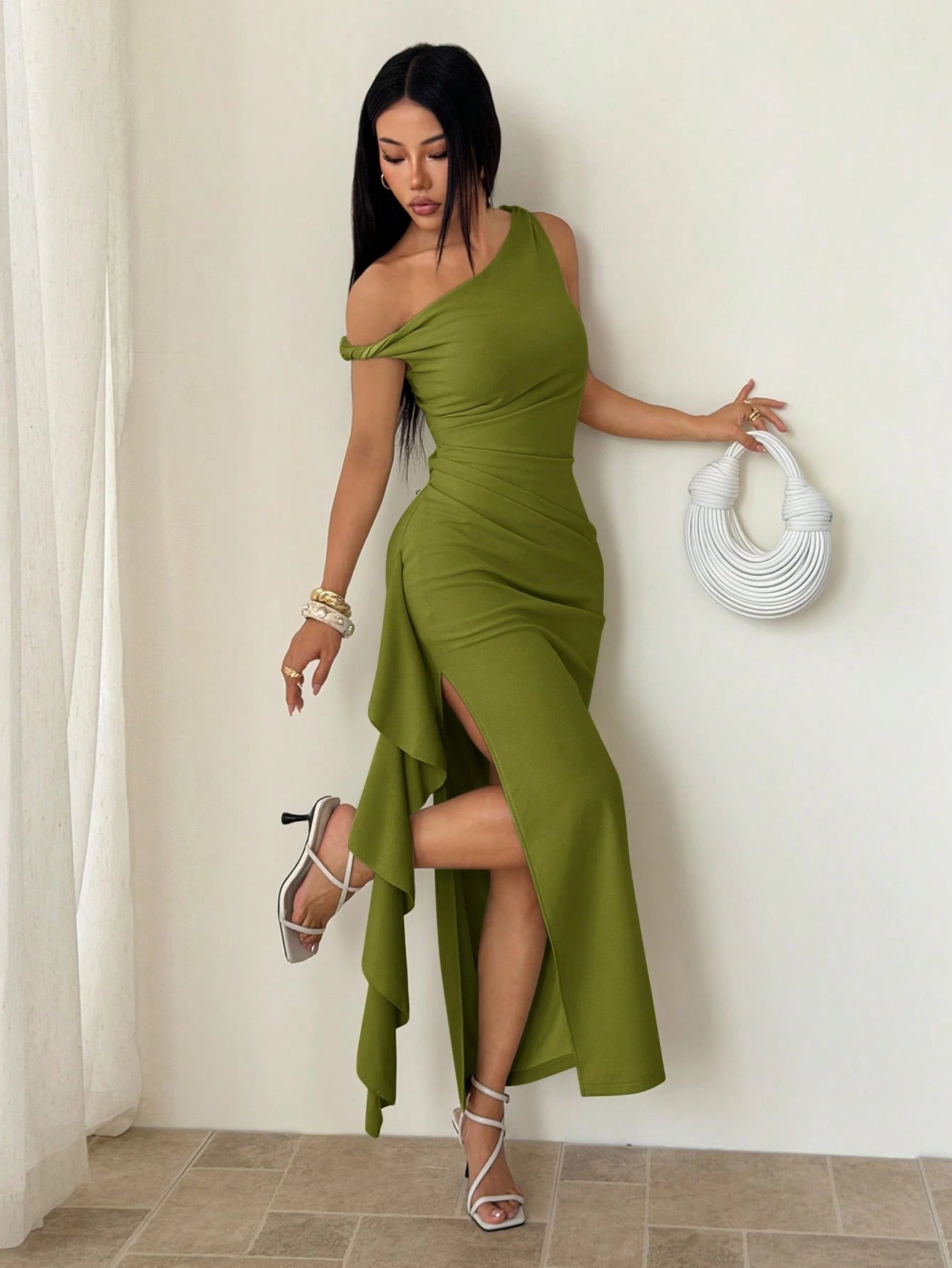 PETITE Spring & Summer Bridesmaid Dress, Party Oblique Shoulder Twist Knot Strapless Sexy Pleated High Slit Ruffle Wrap Long Dress, Elegant Ruffle Oblique Shoulder Dress For Women,Petite Women