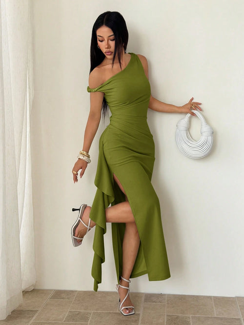 PETITE Spring & Summer Bridesmaid Dress, Party Oblique Shoulder Twist Knot Strapless Sexy Pleated High Slit Ruffle Wrap Long Dress, Elegant Ruffle Oblique Shoulder Dress For Women,Petite Women