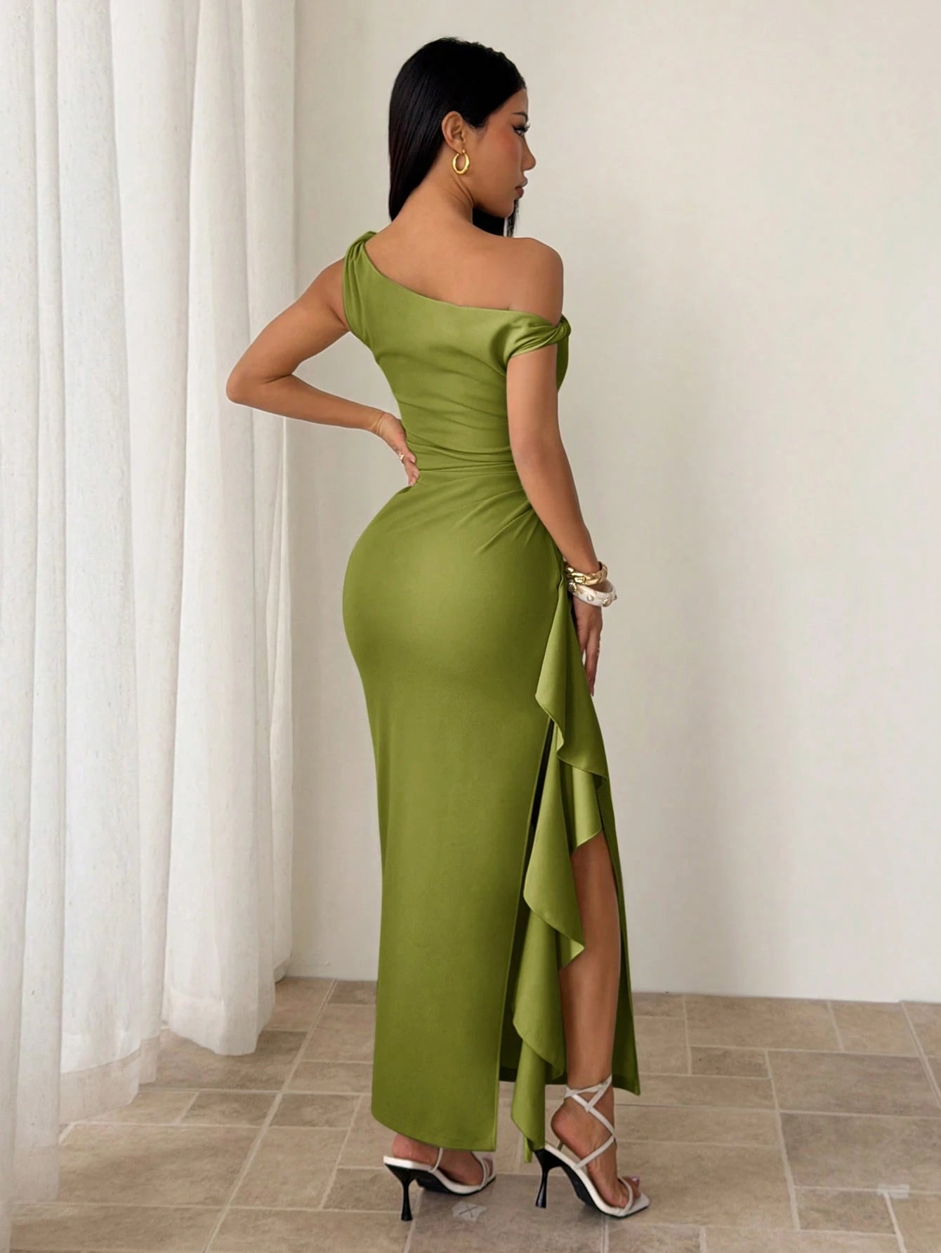 PETITE Spring & Summer Bridesmaid Dress, Party Oblique Shoulder Twist Knot Strapless Sexy Pleated High Slit Ruffle Wrap Long Dress, Elegant Ruffle Oblique Shoulder Dress For Women,Petite Women