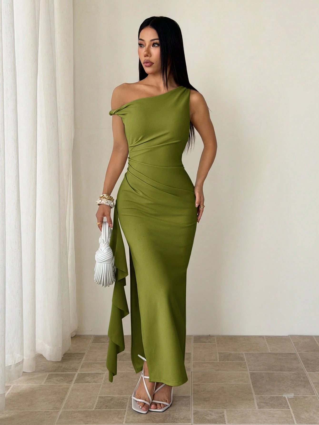 PETITE Spring & Summer Bridesmaid Dress, Party Oblique Shoulder Twist Knot Strapless Sexy Pleated High Slit Ruffle Wrap Long Dress, Elegant Ruffle Oblique Shoulder Dress For Women,Petite Women