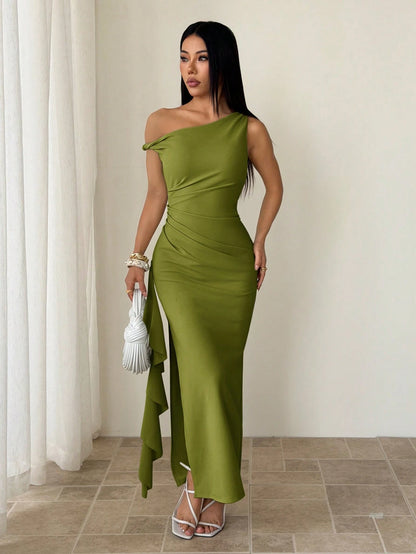 PETITE Spring & Summer Bridesmaid Dress, Party Oblique Shoulder Twist Knot Strapless Sexy Pleated High Slit Ruffle Wrap Long Dress, Elegant Ruffle Oblique Shoulder Dress For Women,Petite Women