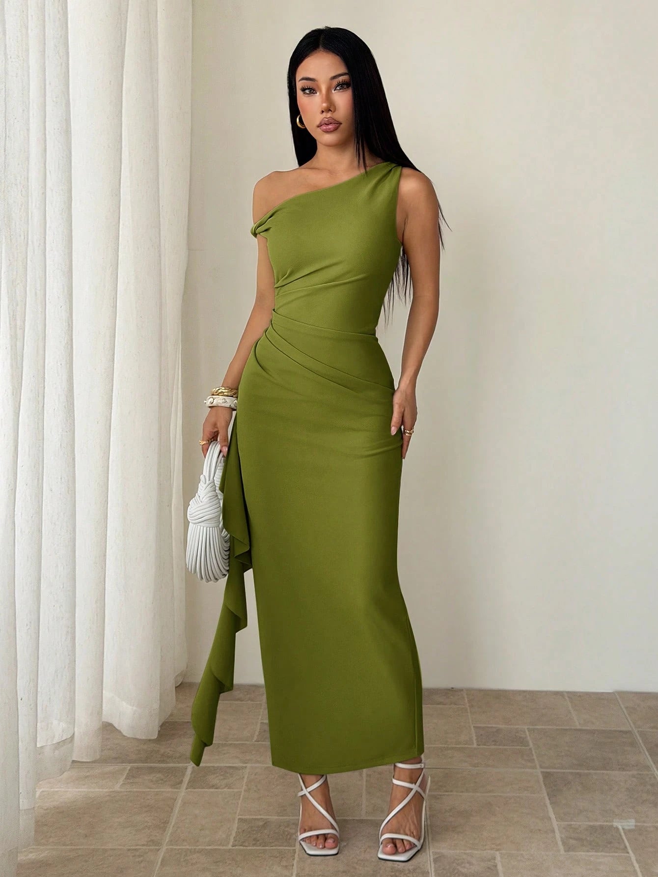 PETITE Spring & Summer Bridesmaid Dress, Party Oblique Shoulder Twist Knot Strapless Sexy Pleated High Slit Ruffle Wrap Long Dress, Elegant Ruffle Oblique Shoulder Dress For Women,Petite Women