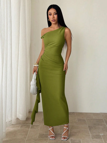 PETITE Spring & Summer Bridesmaid Dress, Party Oblique Shoulder Twist Knot Strapless Sexy Pleated High Slit Ruffle Wrap Long Dress, Elegant Ruffle Oblique Shoulder Dress For Women,Petite Women
