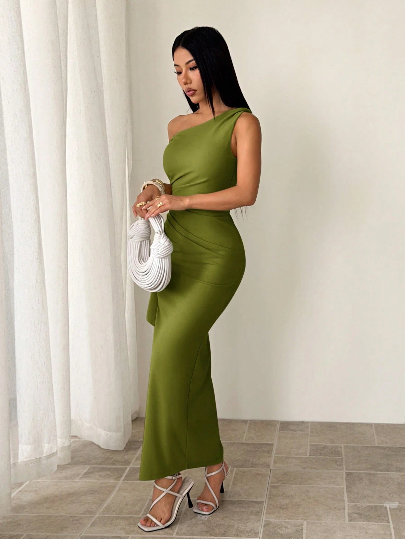 PETITE Spring & Summer Bridesmaid Dress, Party Oblique Shoulder Twist Knot Strapless Sexy Pleated High Slit Ruffle Wrap Long Dress, Elegant Ruffle Oblique Shoulder Dress For Women,Petite Women