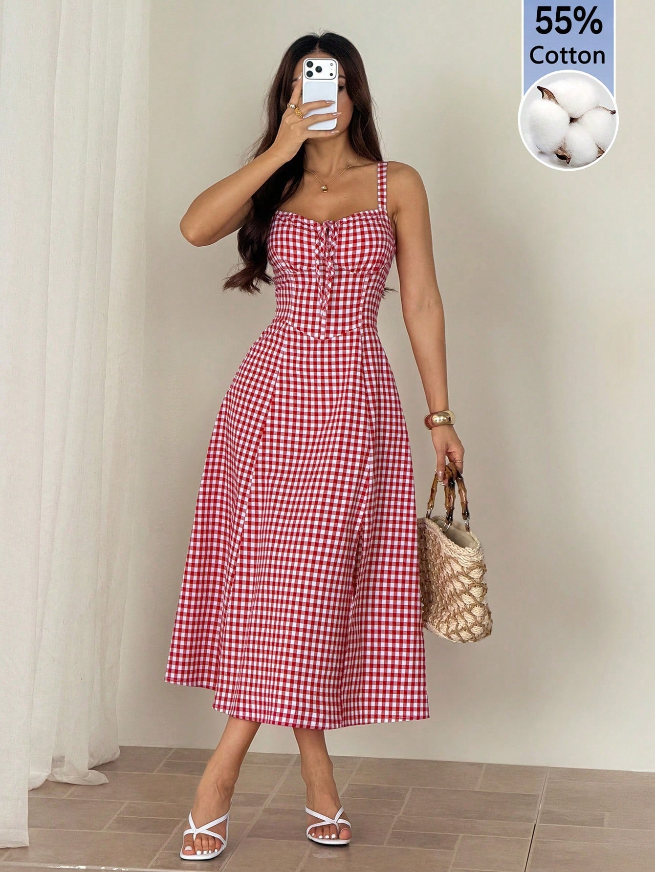 PETITE Women Plaid Strap Mid-Calf Dress, Fashionable For Summer Oktoberfest Casual Cottage Core Old Money Beach Vacation Resort, Petite Red And White Plaid