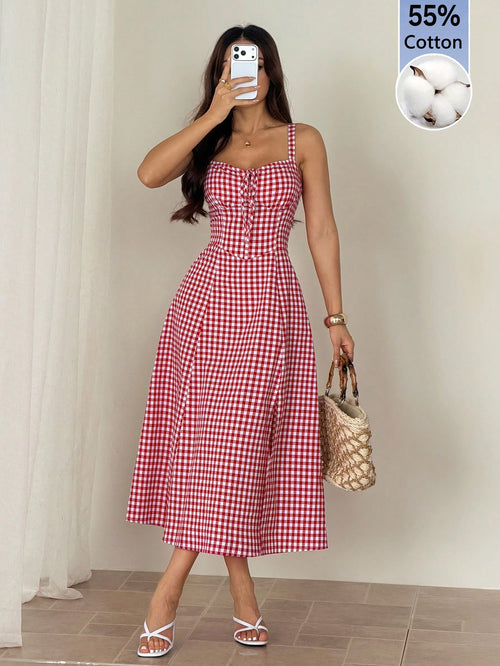 PETITE Women Plaid Strap Mid-Calf Dress, Fashionable For Summer Oktoberfest Casual Cottage Core Old Money Beach Vacation Resort, Petite Red And White Plaid