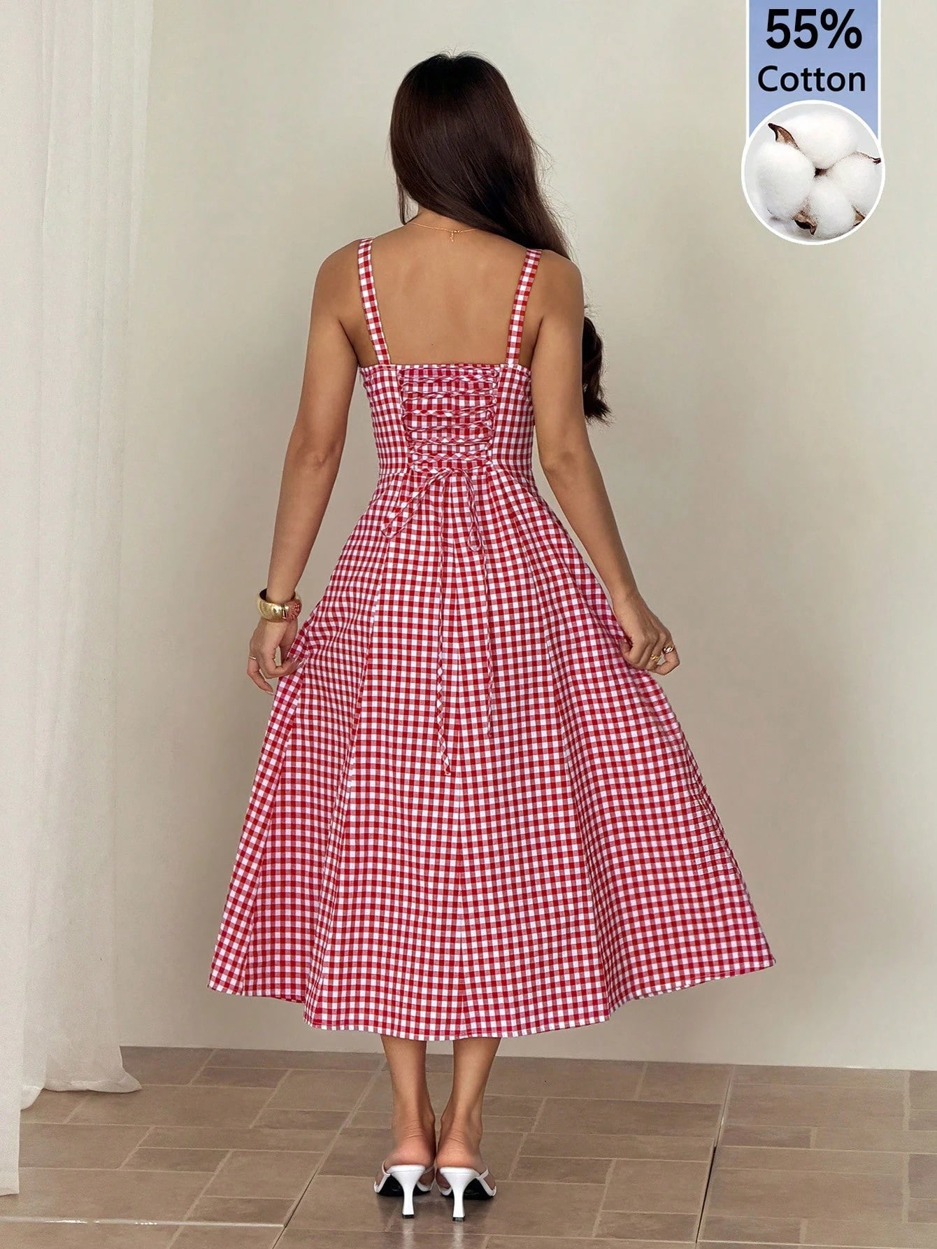 PETITE Women Plaid Strap Mid-Calf Dress, Fashionable For Summer Oktoberfest Casual Cottage Core Old Money Beach Vacation Resort, Petite Red And White Plaid