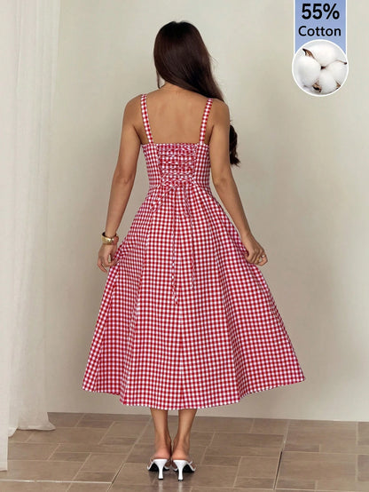 PETITE Women Plaid Strap Mid-Calf Dress, Fashionable For Summer Oktoberfest Casual Cottage Core Old Money Beach Vacation Resort, Petite Red And White Plaid