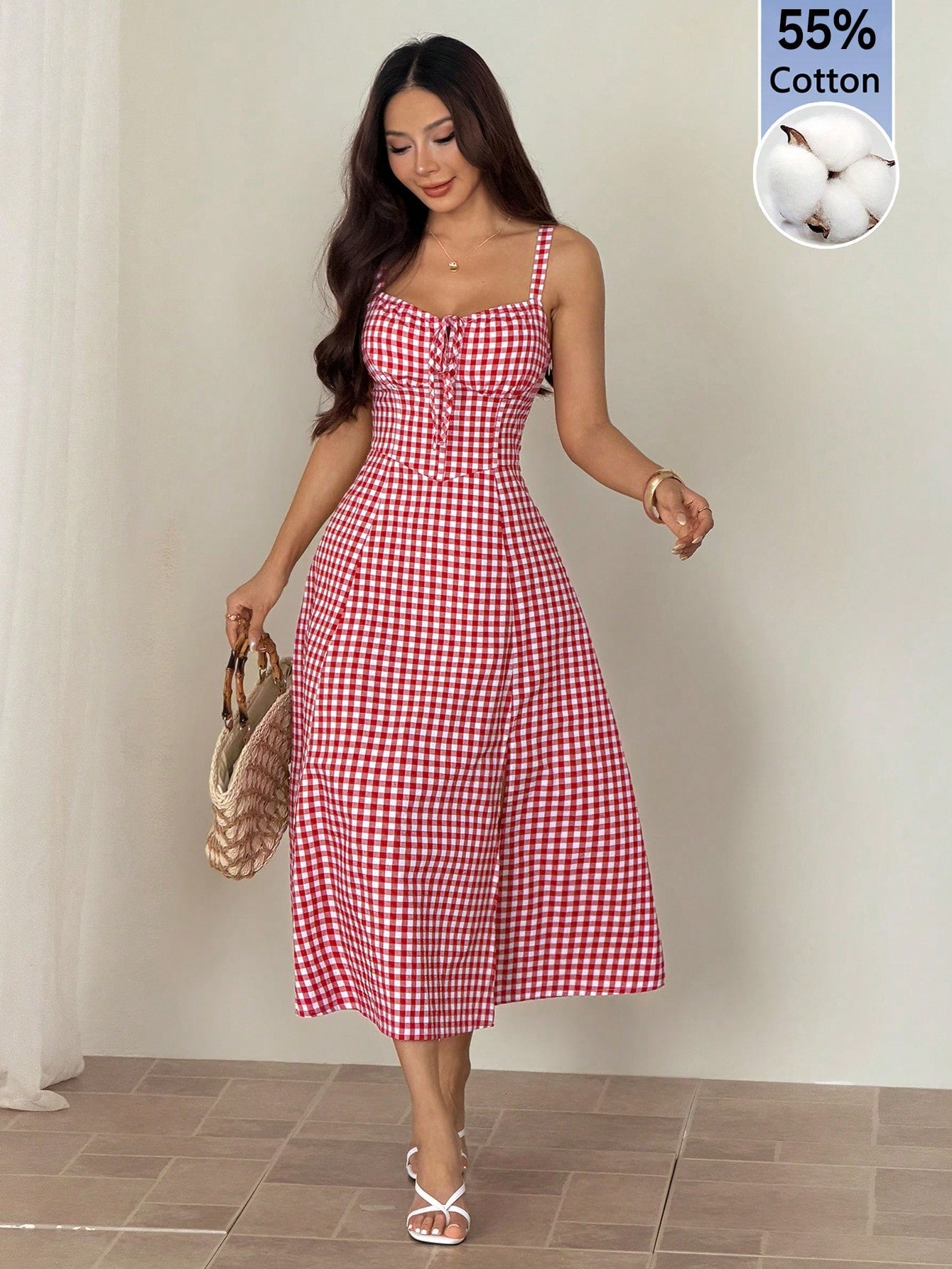 PETITE Women Plaid Strap Mid-Calf Dress, Fashionable For Summer Oktoberfest Casual Cottage Core Old Money Beach Vacation Resort, Petite Red And White Plaid
