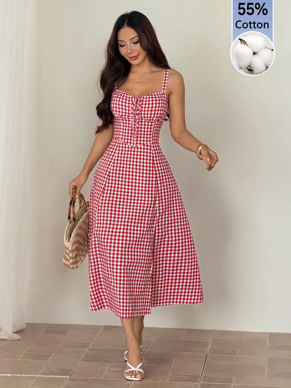 PETITE Women Plaid Strap Mid-Calf Dress, Fashionable For Summer Oktoberfest Casual Cottage Core Old Money Beach Vacation Resort, Petite Red And White Plaid