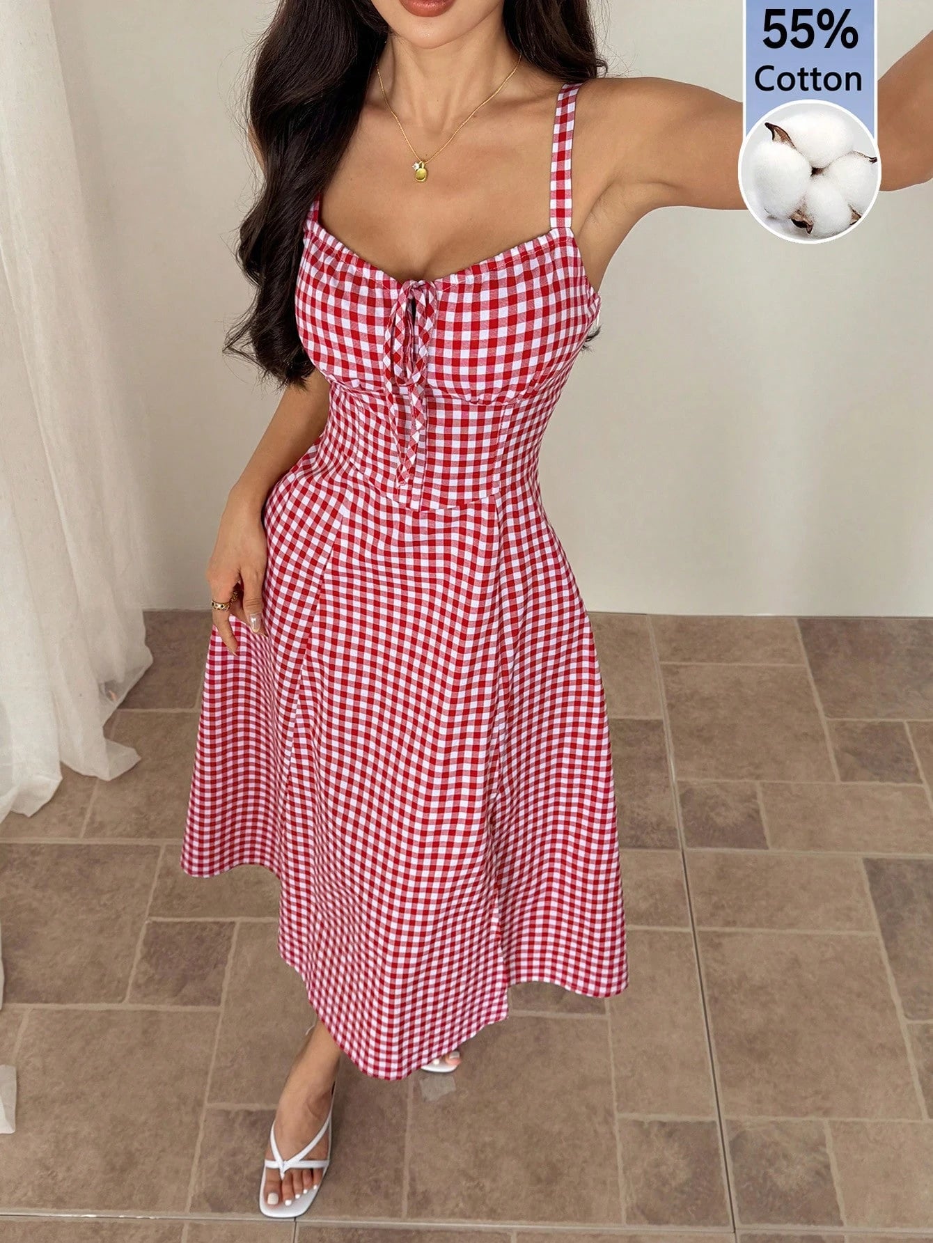 PETITE Women Plaid Strap Mid-Calf Dress, Fashionable For Summer Oktoberfest Casual Cottage Core Old Money Beach Vacation Resort, Petite Red And White Plaid