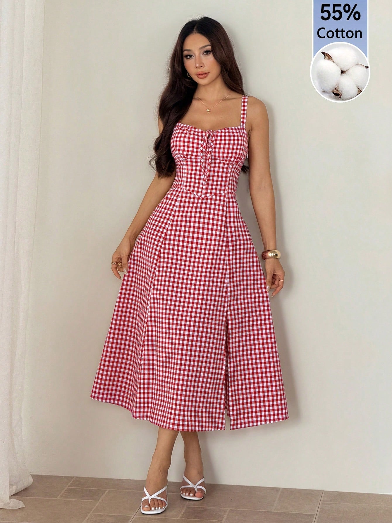 PETITE Women Plaid Strap Mid-Calf Dress, Fashionable For Summer Oktoberfest Casual Cottage Core Old Money Beach Vacation Resort, Petite Red And White Plaid