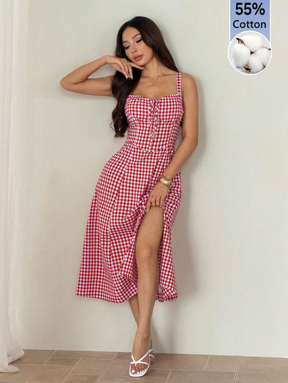 PETITE Women Plaid Strap Mid-Calf Dress, Fashionable For Summer Oktoberfest Casual Cottage Core Old Money Beach Vacation Resort, Petite Red And White Plaid