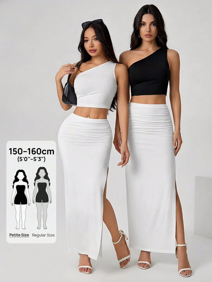 PETITE Women's Casual Solid Color Ruched Side Slit White Maxi Skirt, Summer,Petite Women