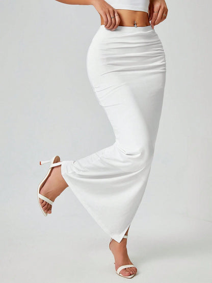 PETITE Women's Casual Solid Color Ruched Side Slit White Maxi Skirt, Summer,Petite Women