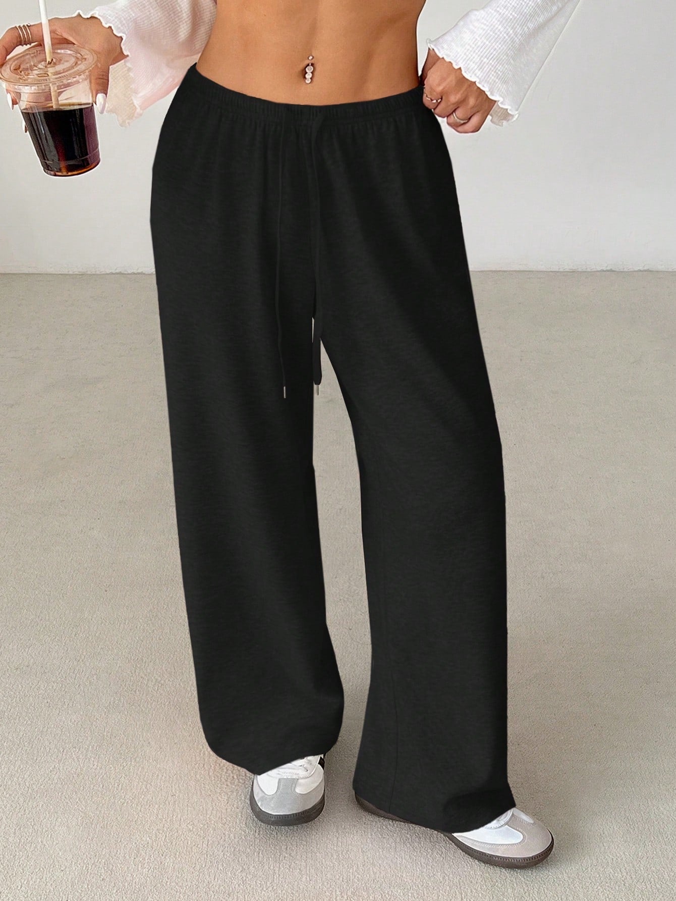 PETITE Women's Solid Color Drawstring Waist Soft Knit Loose Casual Pants, Fall/Winter, Baggy Pants Wide Leg Sweatpants Comfy Pants Lounge Pants Knit Pants,Petite Women