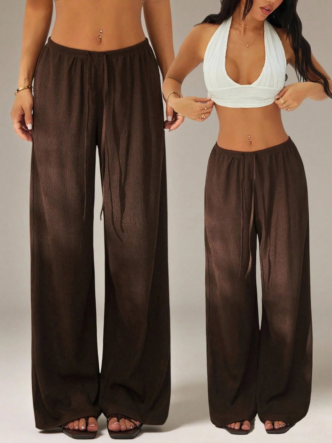 PETITE Women's Solid Color Tie Waist Wide Leg Loose Casual Versatile Pants Dark Brown For Women Beach Lounge S Summer,Petite Women