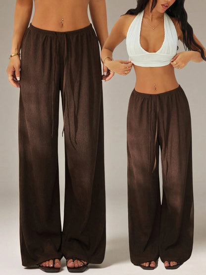 PETITE Women's Solid Color Tie Waist Wide Leg Loose Casual Versatile Pants Dark Brown For Women Beach Lounge S Summer,Petite Women