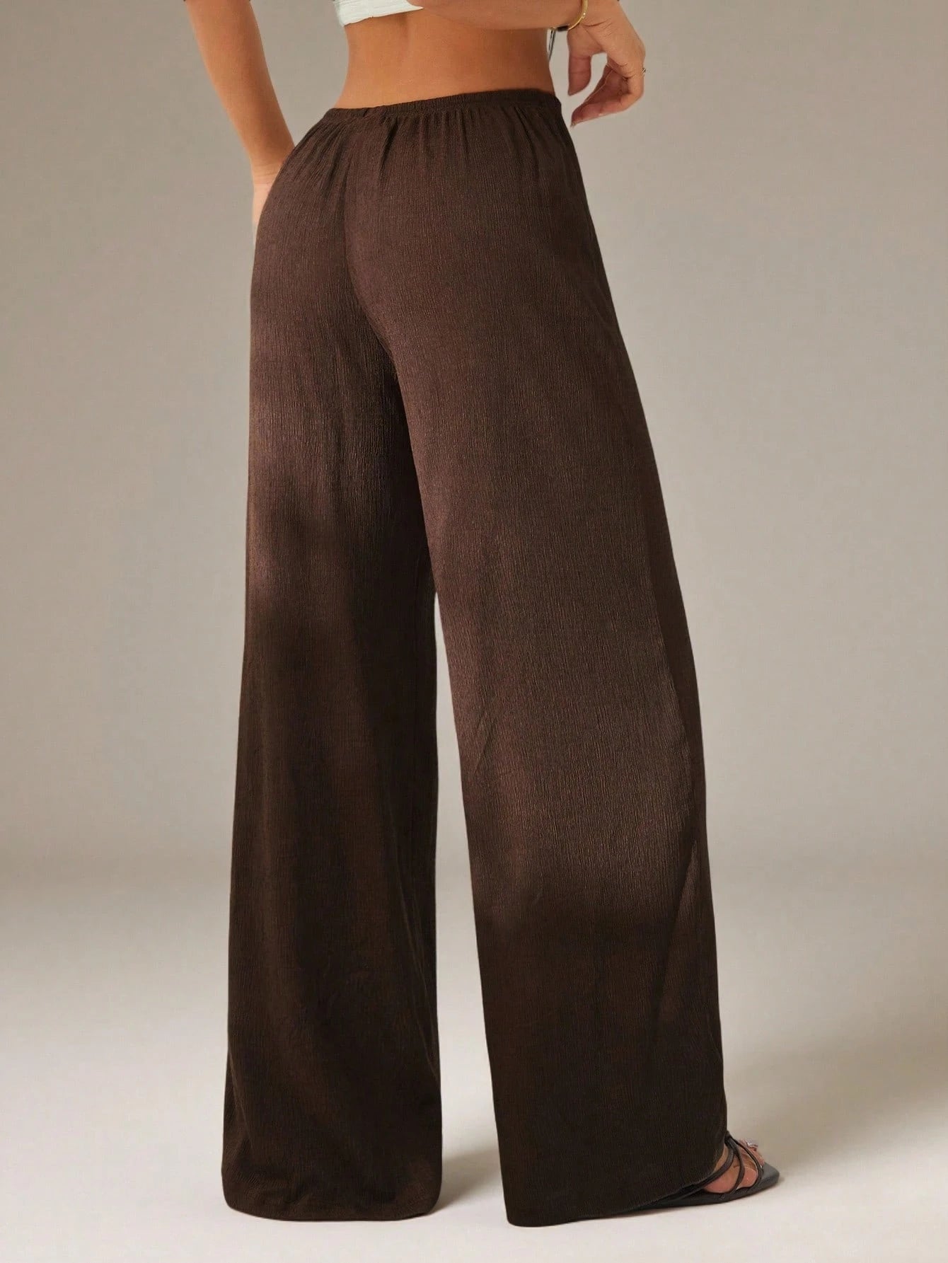 PETITE Women's Solid Color Tie Waist Wide Leg Loose Casual Versatile Pants Dark Brown For Women Beach Lounge S Summer,Petite Women