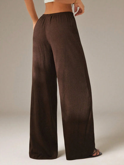 PETITE Women's Solid Color Tie Waist Wide Leg Loose Casual Versatile Pants Dark Brown For Women Beach Lounge S Summer,Petite Women