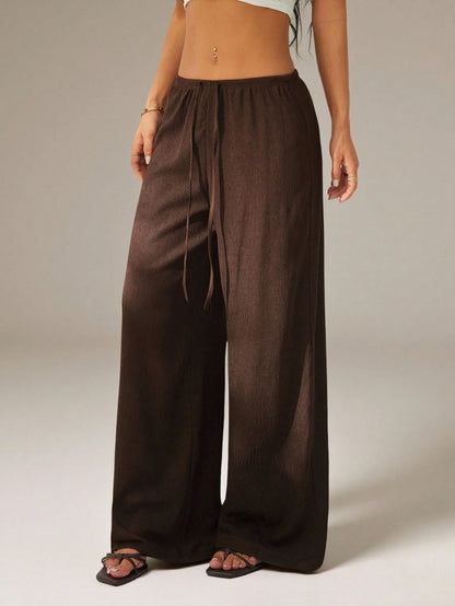 PETITE Women's Solid Color Tie Waist Wide Leg Loose Casual Versatile Pants Dark Brown For Women Beach Lounge S Summer,Petite Women