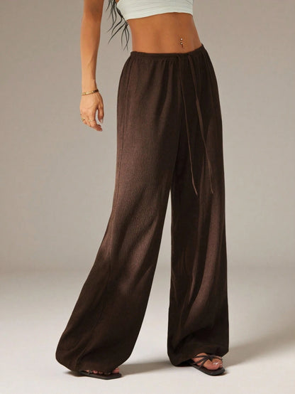 PETITE Women's Solid Color Tie Waist Wide Leg Loose Casual Versatile Pants Dark Brown For Women Beach Lounge S Summer,Petite Women