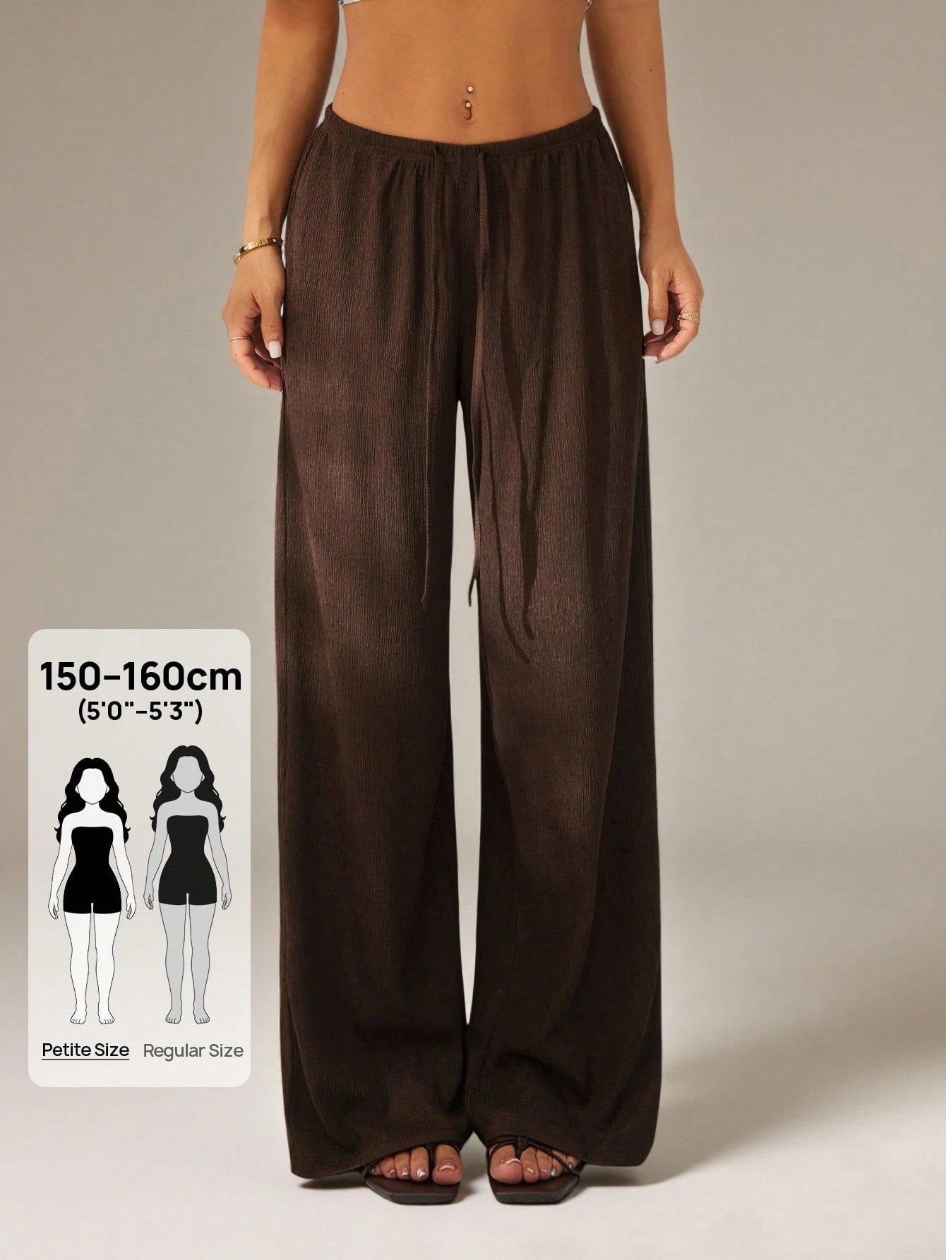 PETITE Women's Solid Color Tie Waist Wide Leg Loose Casual Versatile Pants Dark Brown For Women Beach Lounge S Summer,Petite Women