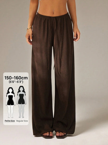 PETITE Women's Solid Color Tie Waist Wide Leg Loose Casual Versatile Pants Dark Brown For Women Beach Lounge S Summer,Petite Women