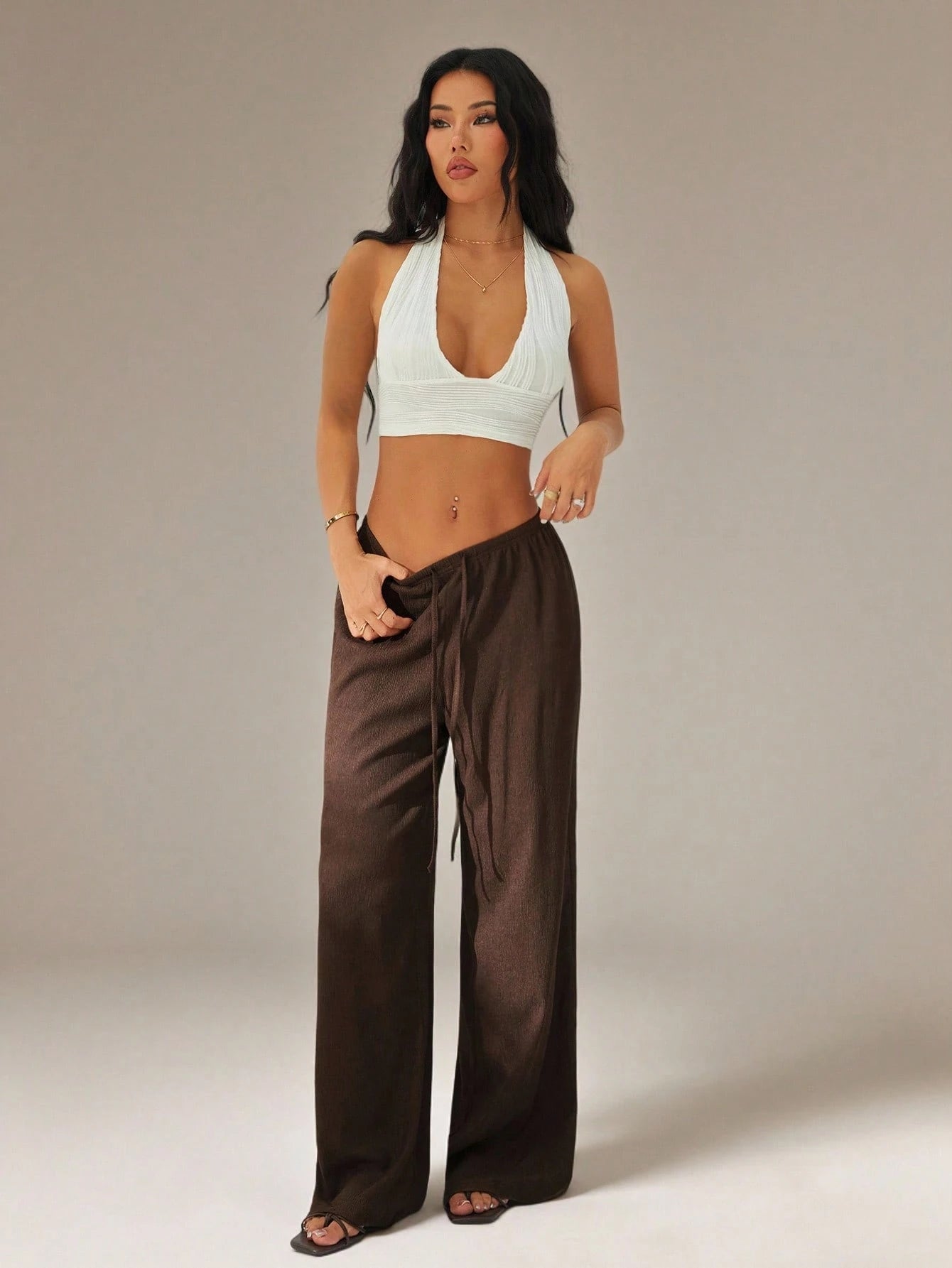 PETITE Women's Solid Color Tie Waist Wide Leg Loose Casual Versatile Pants Dark Brown For Women Beach Lounge S Summer,Petite Women