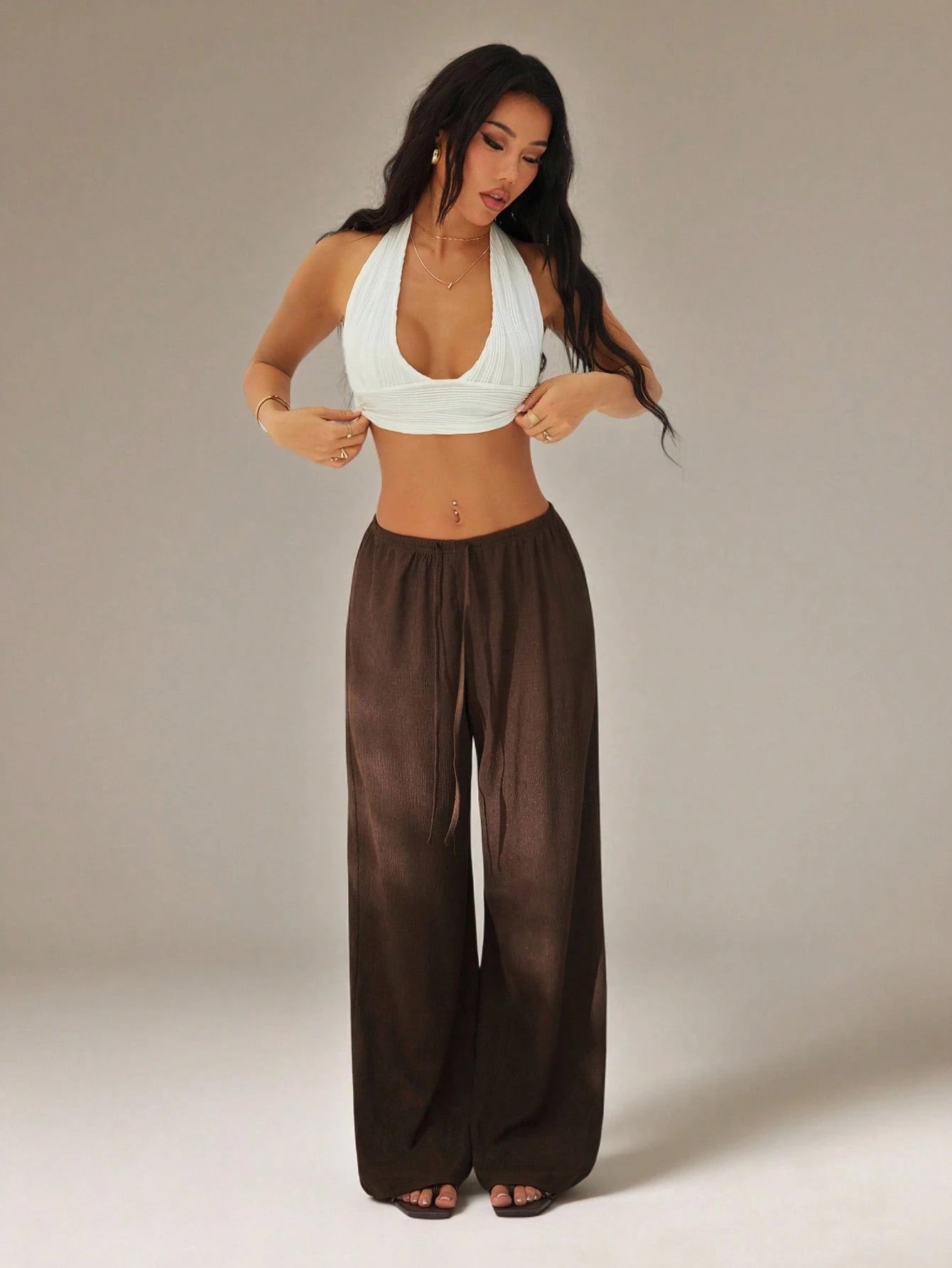 PETITE Women's Solid Color Tie Waist Wide Leg Loose Casual Versatile Pants Dark Brown For Women Beach Lounge S Summer,Petite Women