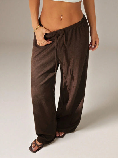 PETITE Women's Solid Color Tie Waist Wide Leg Loose Casual Versatile Pants Dark Brown For Women Beach Lounge S Summer,Petite Women