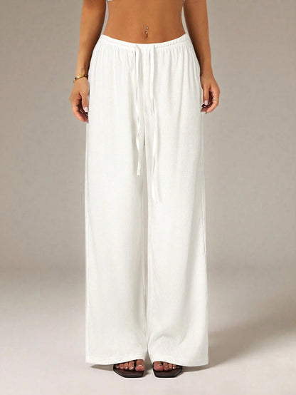 PETITE Women's Solid Color Tie Waist Wide Leg Loose Casual Versatile Pants