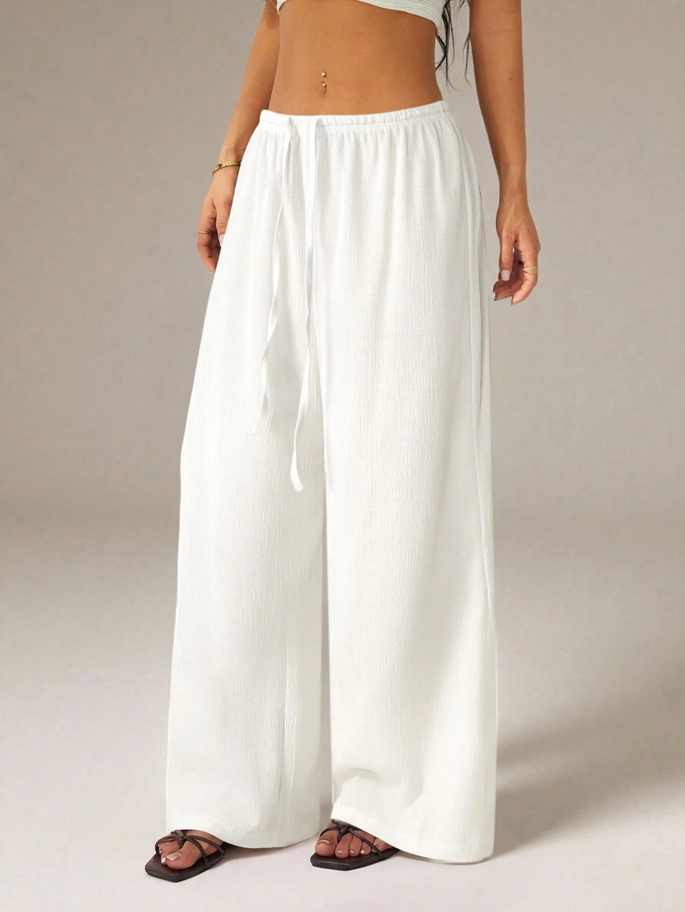 PETITE Women's Solid Color Tie Waist Wide Leg Loose Casual Versatile Pants