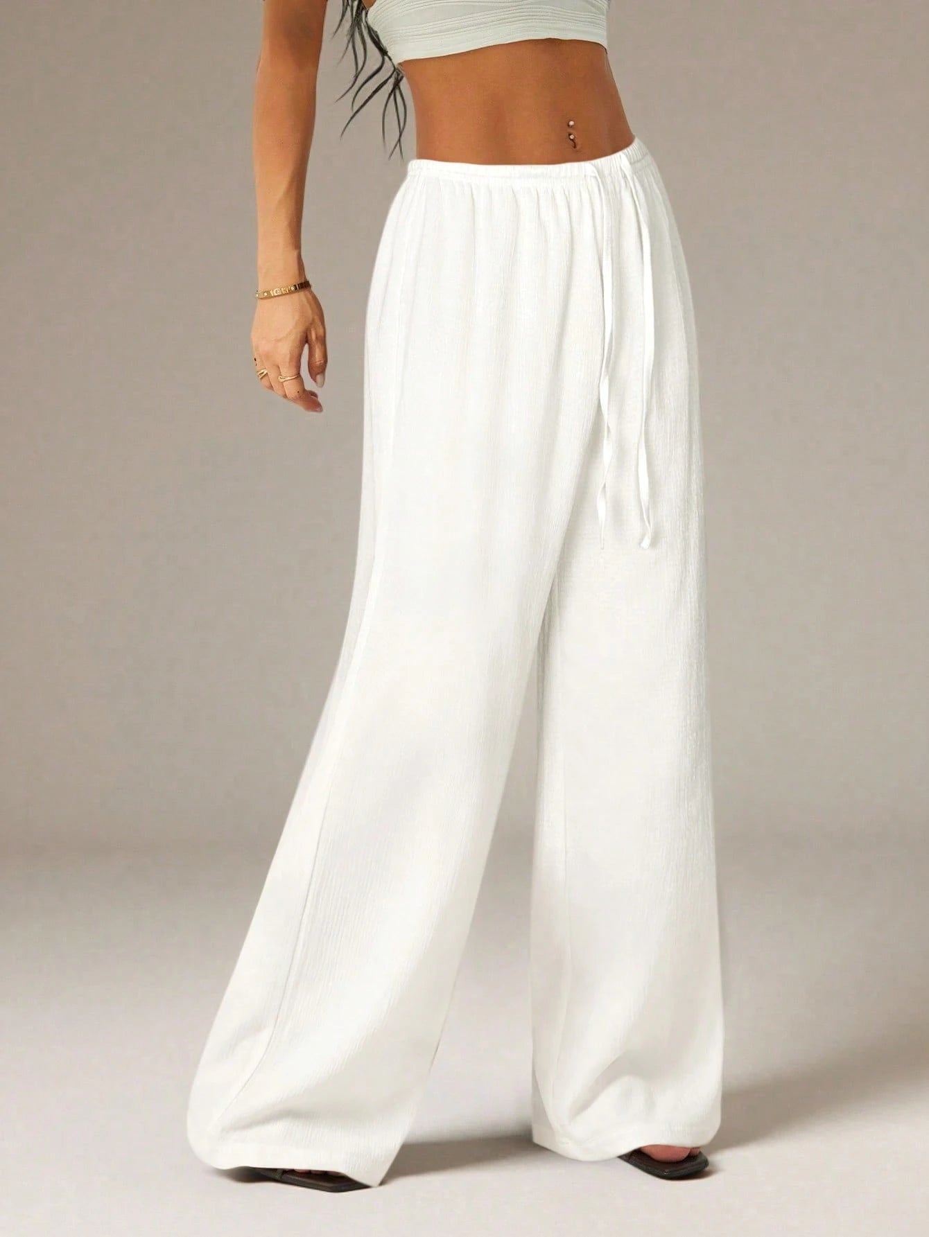 PETITE Women's Solid Color Tie Waist Wide Leg Loose Casual Versatile Pants