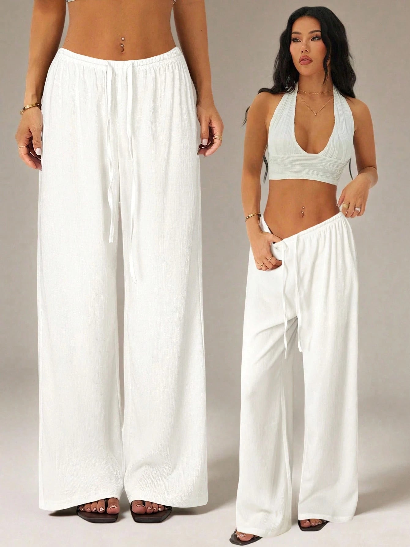 PETITE Women's Solid Color Tie Waist Wide Leg Loose Casual Versatile Pants
