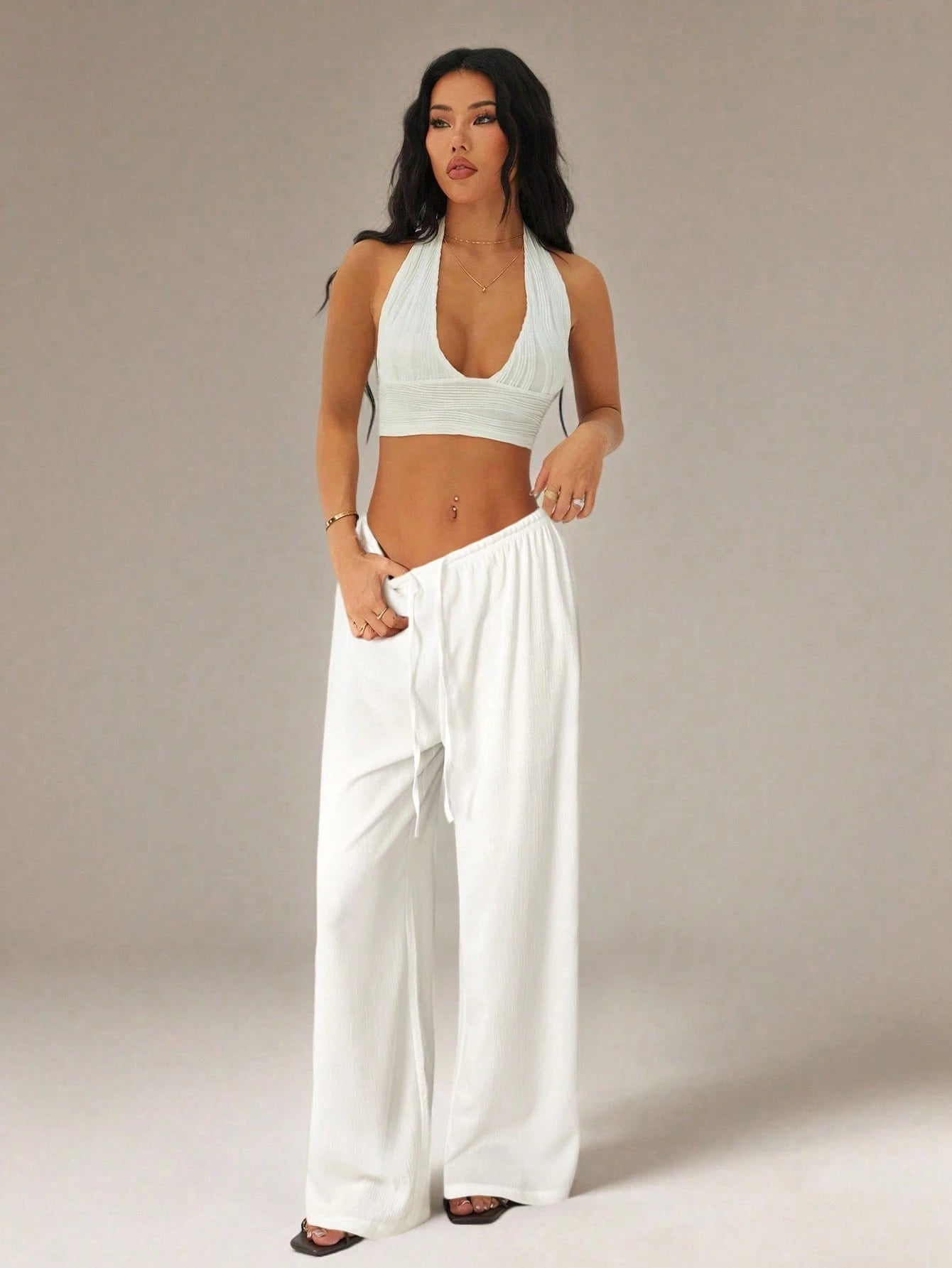 PETITE Women's Solid Color Tie Waist Wide Leg Loose Casual Versatile Pants