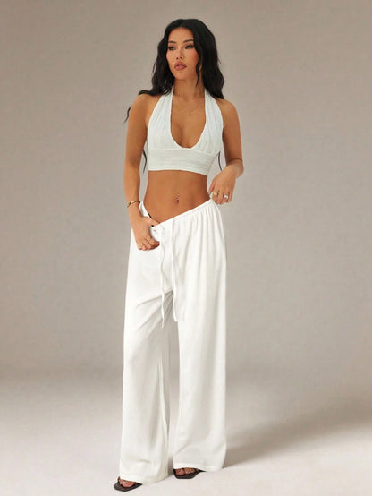 PETITE Women's Solid Color Tie Waist Wide Leg Loose Casual Versatile Pants