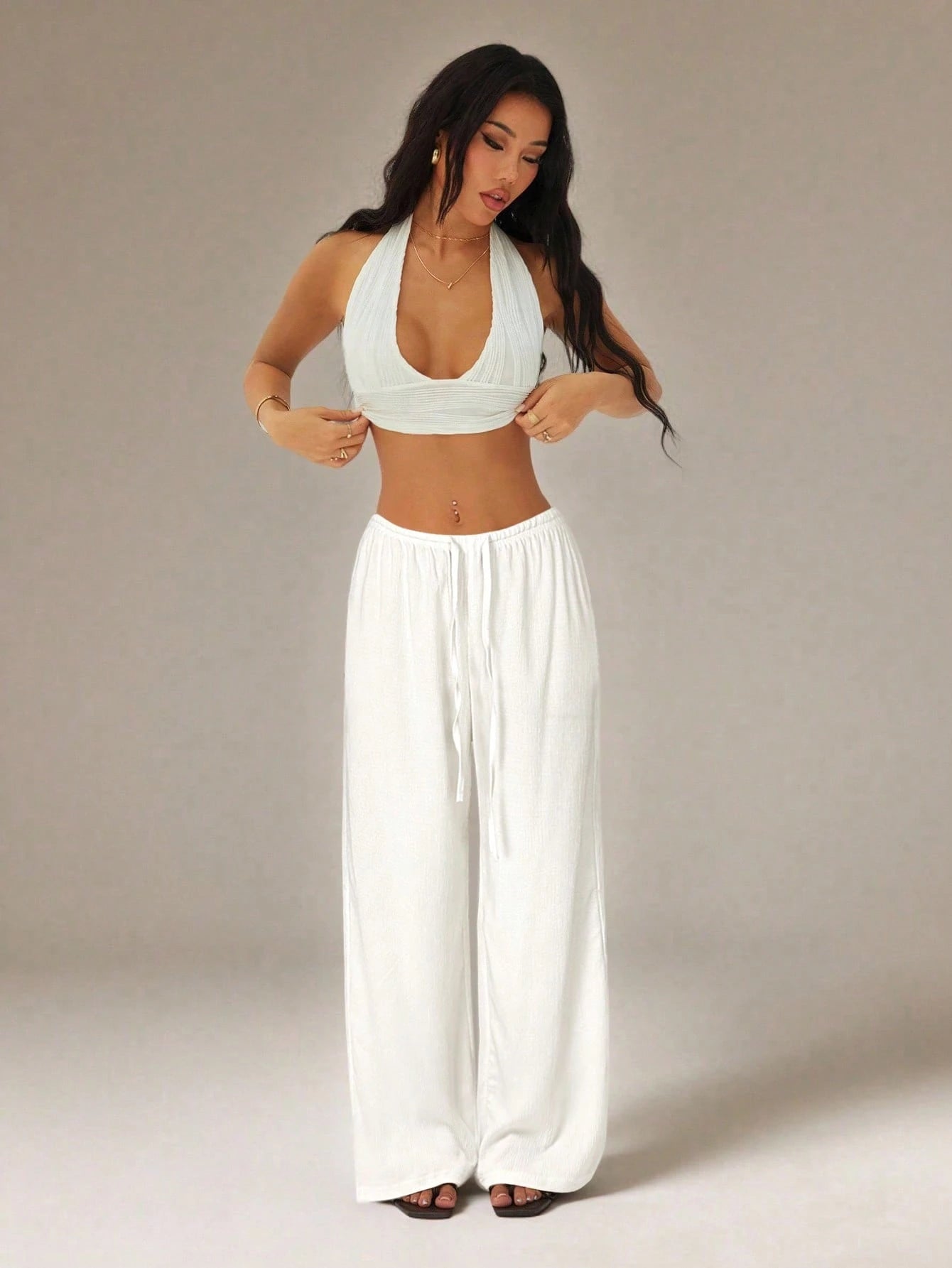 PETITE Women's Solid Color Tie Waist Wide Leg Loose Casual Versatile Pants
