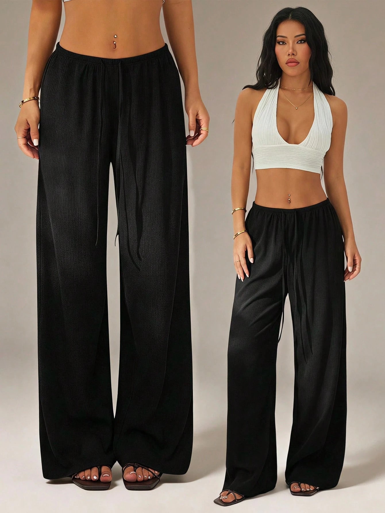 PETITE Women's Solid Color Tie Waist Wide Leg Loose Casual Versatile Pants