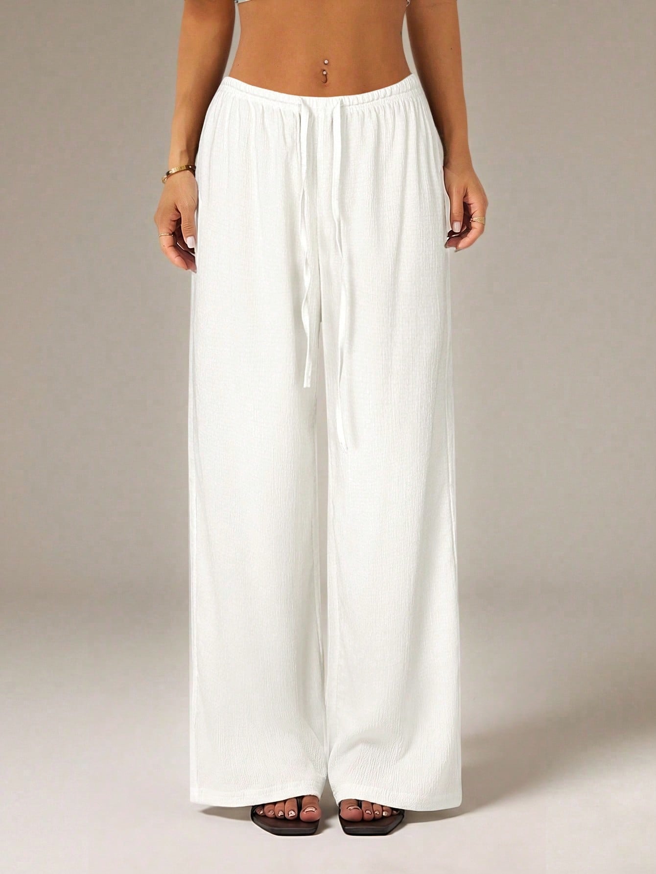 PETITE Women's Solid Color Tie Waist Wide Leg Loose Casual Versatile Pants