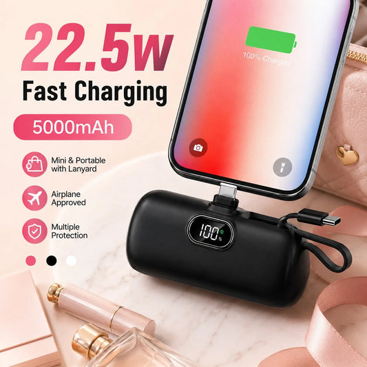 Pink 5000mAh Mini Power Bank With Lightning Plug, Built-In USB-C Cable And 22.5W Fast Charging, Featuring A Bright Percentage Display, Smooth Pocket-Size Body And Wrist Lanyard For Easy Storage, Made
