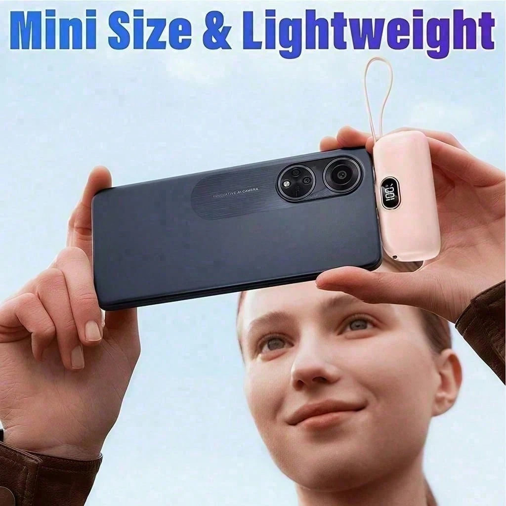 Pink 5000mAh Mini Power Bank With Lightning Plug, Built-In USB-C Cable And 22.5W Fast Charging, Featuring A Bright Percentage Display, Smooth Pocket-Size Body And Wrist Lanyard For Easy Storage, Made