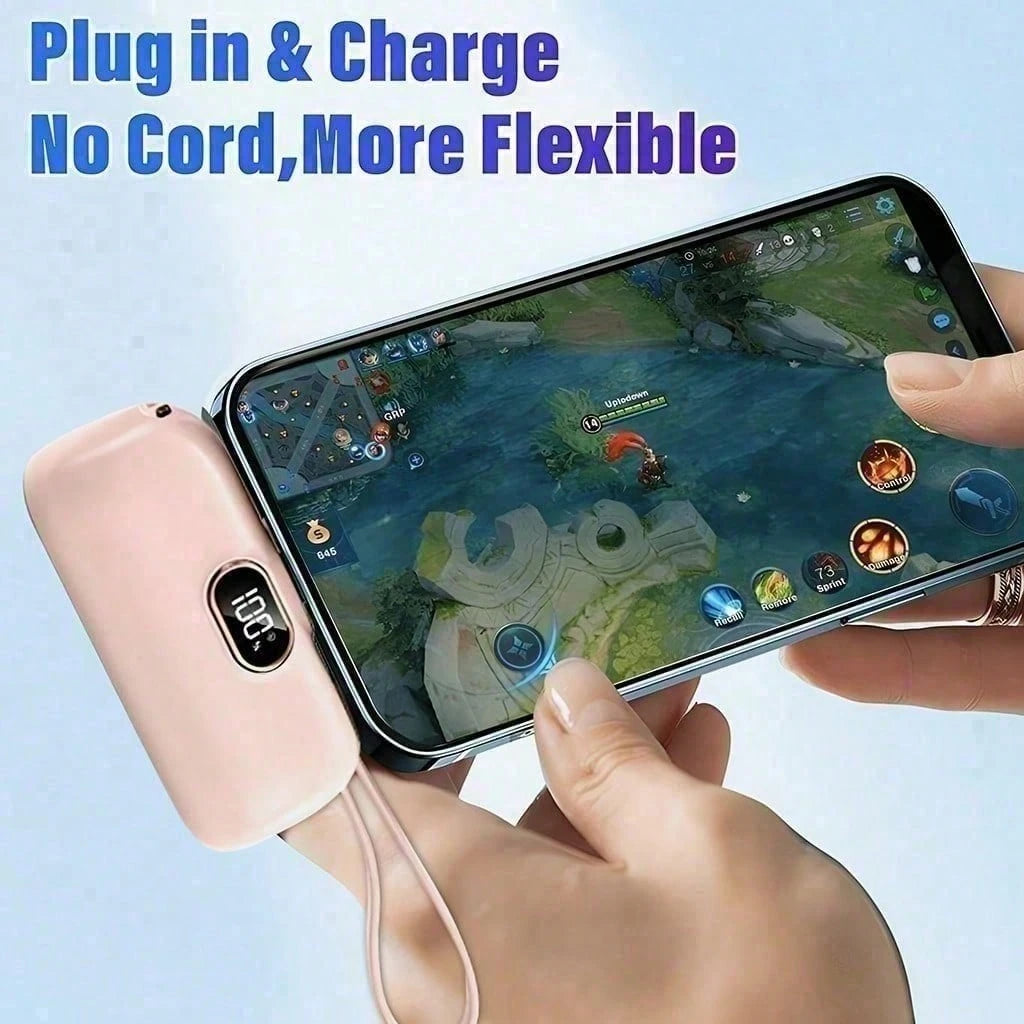 Pink 5000mAh Mini Power Bank With Lightning Plug, Built-In USB-C Cable And 22.5W Fast Charging, Featuring A Bright Percentage Display, Smooth Pocket-Size Body And Wrist Lanyard For Easy Storage, Made