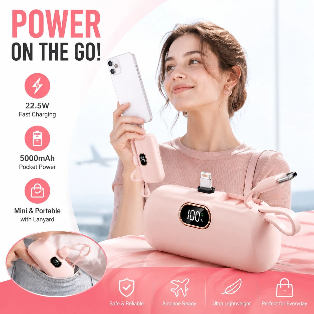 Pink 5000mAh Pocket Portable Charger With Lightning Connector, Integrated USB-C Cable And 22.5W Charging, With Clear Digital Charge Display, Compact Rounded Shell And Wrist Strap For Purse Or Pocket C