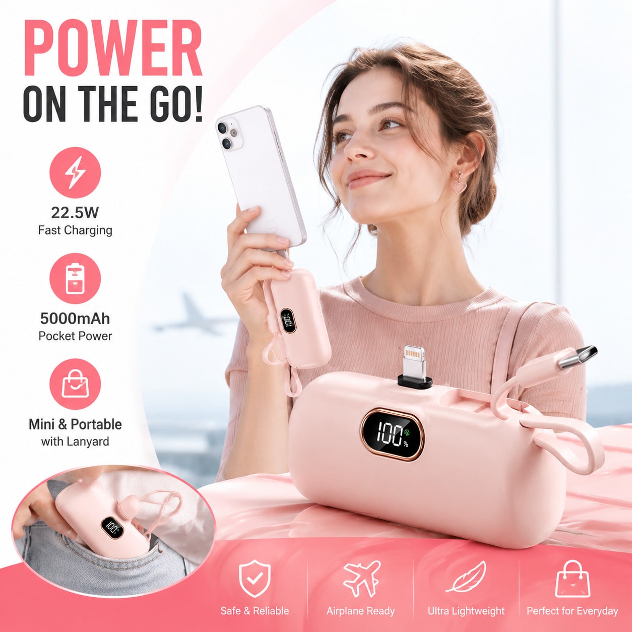 Pink 5000mAh Pocket Portable Charger With Lightning Connector, Integrated USB-C Cable And 22.5W Charging, With Clear Digital Charge Display, Compact Rounded Shell And Wrist Strap For Purse Or Pocket C