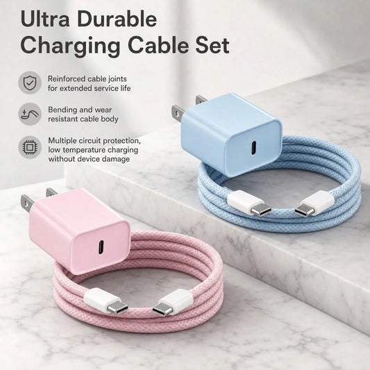 Pink/Blue Portable Charging Kit 20W Wall Fast Charging Set USB-C To Type-C Charging Adapter Wall Charger, With 3.3FT/100cm Long Nylon Braided Charging Cable Durable Anti-Tangle Data Line, Compatible W