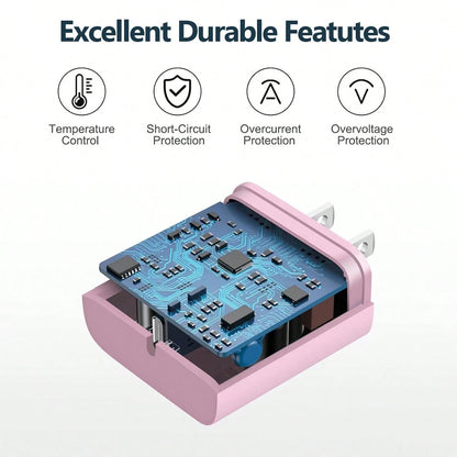 Pink/Blue Portable Charging Kit 20W Wall Fast Charging Set USB-C To Type-C Charging Adapter Wall Charger, With 3.3FT/100cm Long Nylon Braided Charging Cable Durable Anti-Tangle Data Line, Compatible W